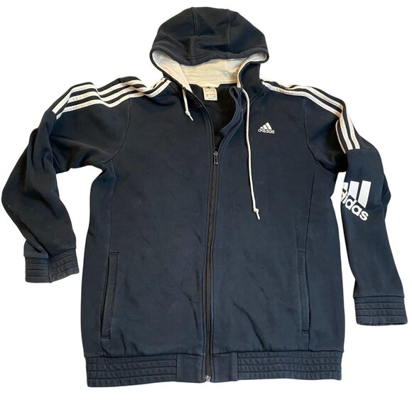 Adidas Men's Hoodie Large Full-Zip Black With White Stripes & Logo Design Cotton - Picture 1 of 8